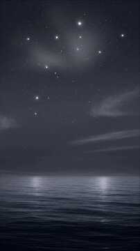 Peaceful luminous night sky over calm ocean water with star reflection on tranquil horizon background, dreamy seascape nature landscape and serene ocean under star filled night sky