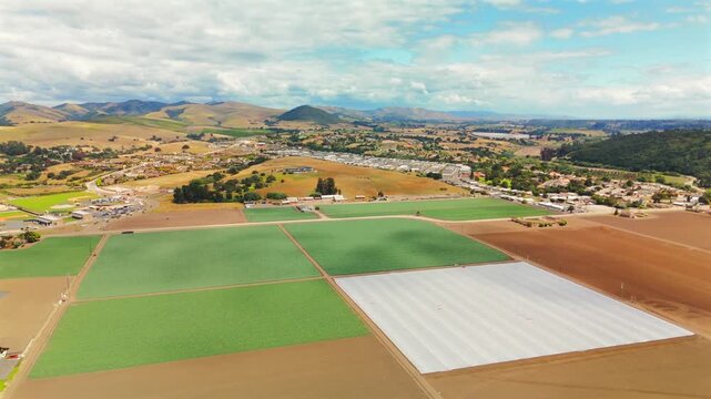Aerial drone view over patchwork farmland showing green crop fields and bare soil patterns