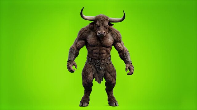 A full-body 3D render of a powerful bull-headed minotaur standing against a solid chroma key green background. Perfect for fantasy RPG assets, horror VFX, and cinematic video editing.
