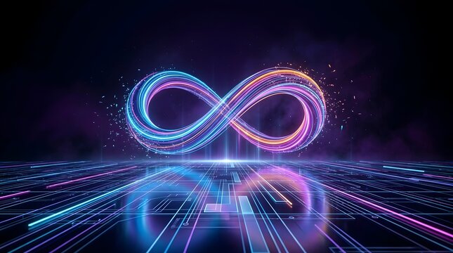 Glowing neon infinity symbol floating above futuristic circuit board representing limitless digital potential and network energy