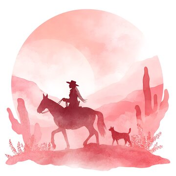 Western silhouette artwork with horse rider and desert sun photo