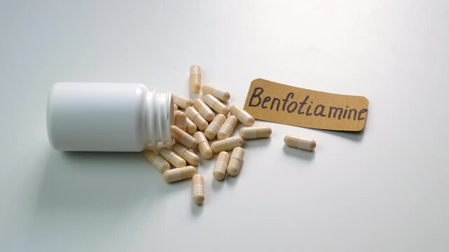 Benfotiamine capsules and vitamin supplements. Selective focus.