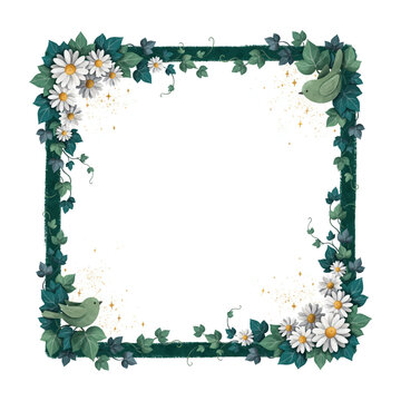Decorative square border with white daisy flowers and green ivy leaves illustration design element white background illustration botanical copy space
