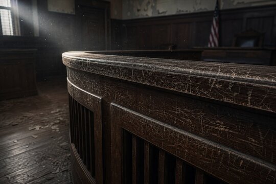 Abandoned courtroom defendant rail with scratch marks, dust motes in light.