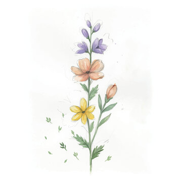 Hand drawn watercolor flower stem with violet and yellow blossoms and small leaves watercolor botanical painting illustration decoration isolated