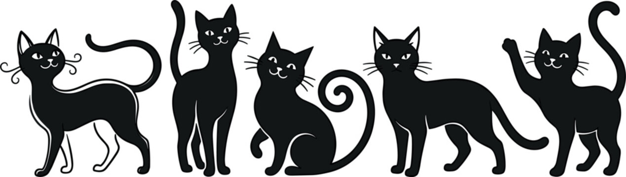 Cute black cats silhouette border vector illustration featuring a group of five playful kittens in various friendly standing sitting and stretching poses.