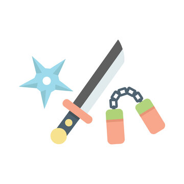 Shinobi weapon set illustration. Flat design katana, star, and nunchaku in pastel colors for children's game assets, stickers, and branding.