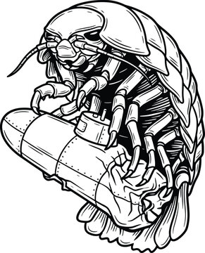 Detailed line illustration featuring giant isopod holding miniature submarine artifact isolated against white background vector design