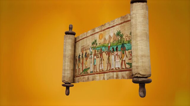 A rich 3D model of an unrolled ancient Egyptian papyrus scroll displaying colorful tomb wall art and figures, presented against a warm orange studio background. Designed for educational banners, museu