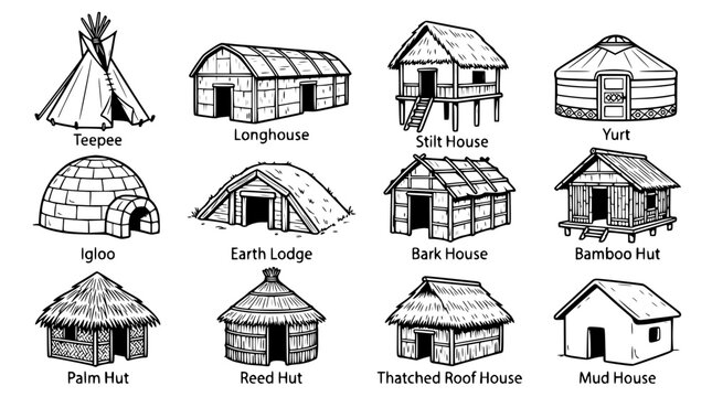 Diverse Traditional Dwelling Types Illustration - Indigenous Shelters