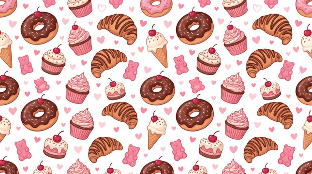 Sweet seamless pattern vector illustration featuring delicious chocolate donuts frosted cupcakes buttery croissants ice cream cones and pink gummy bears.