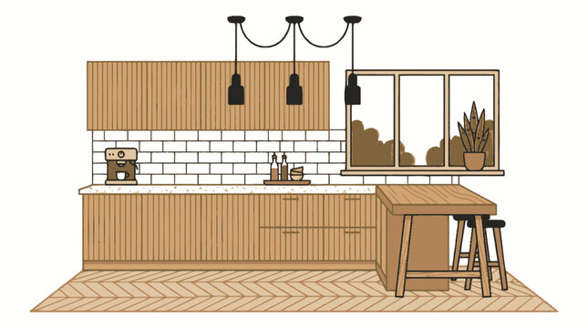Modern Kitchen Interior Design, Wooden Cabinets, Subway Tile Backsplash, Island with Stools