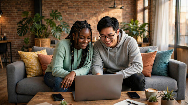 Happy multiethnic couple using a laptop together in a modern industrial living room
