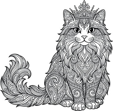 Majestic royal cat vector illustration wearing an ornate crown adorned with highly detailed Zentangle mandala patterns and decorative fluffy fur textures.