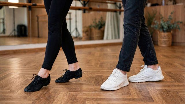 Close-up of dancers legs practicing choreography on a wooden dance floor in a studio