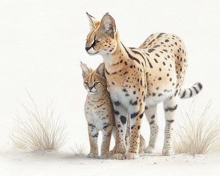 Mother Serval with Cub Watercolor Illustration Isolated on White Background