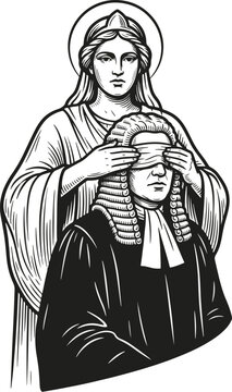 Monochrome engraving illustration featuring goddess justitia blindfolding a courtroom judge wearing historical legal robe wig attire