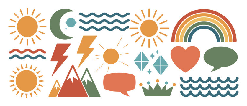 Boho style vector elements set with sun moon rainbow mountains heart crown lightning wave and speech bubbles in minimalist flat design