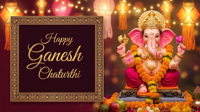 A vibrantly colored idol of lord ganesha sits on a decorative base illuminated by soft warm lights celebrating ganesh chaturthi with festive cheer