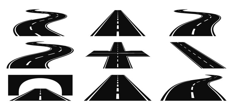 Set of asphalt road elements with various curves and perspective angles including straight paths crossing intersections and tunnel entrance illustrations for design