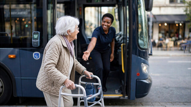 Friendly bus driver helping an elderly woman with a walker to board public transportation