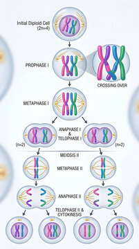 Meiosis cell division diagram. Biological process showing four distinct haploid cells.