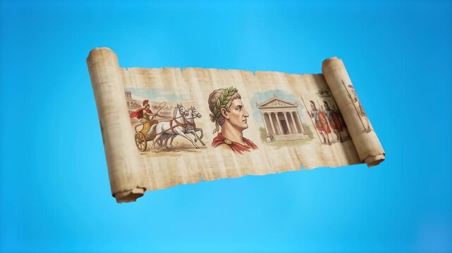 An open ancient papyrus scroll featuring Roman figures and architecture, floating against a solid bright blue studio background. Perfect for educational videos and documentaries.