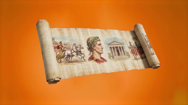 An unrolled parchment scroll displaying classical Roman frescoes including Julius Caesar and ancient architecture, set against a warm studio orange backdrop. Ideal for historical documentaries, Roman 
