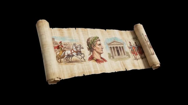 An old papyrus parchment scroll unrolling to reveal classic Roman artwork, a Caesar portrait, and an ancient temple, isolated on a dark backdrop. Great for history documentaries, ancient Rome promos, 