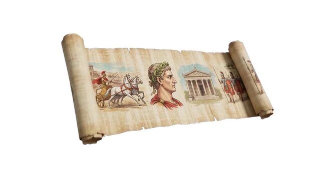 An unrolled ancient papyrus scroll depicting Roman historical scenes, portraits, and architecture isolated on a white background. Excellent for historical education, museum media, and ancient civiliza