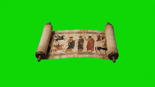 A 3D model of an open papyrus scroll showing classical illustrations, isolated against a solid green screen. Ideal for historical video editing and keying.