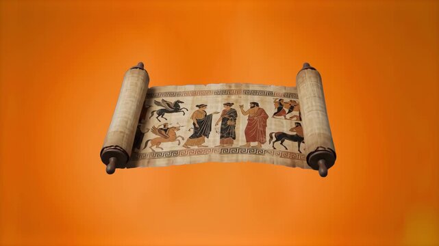 Detailed 3D render of an unrolled ancient papyrus scroll featuring historic artwork and figures, isolated on a warm orange background. Perfect for history documentaries, museum presentations, educatio