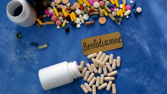 Benfotiamine capsules and vitamin supplements. Selective focus.