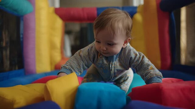 Joyful baby with wide smile playing in a colorful inflatable bounce house
