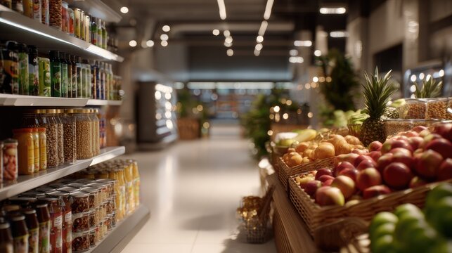 Aisle of Abundance: A well-stocked grocery store aisle displays fresh produce and packaged goods, offering a vibrant selection of food items in a modern, clean environment.
