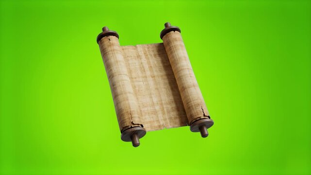 An ancient unrolled papyrus manuscript floating against a solid chroma key green screen background. Perfect for easy video compositing and historical VFX projects.