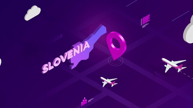 Isometric Design, Slovenia Map Silhouette Location Pin and Airplanes on Purple Animation, Travel Background