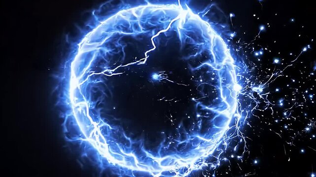 Rotating blue electric energy ball with internal lightning discharges and sparkling particles on black background