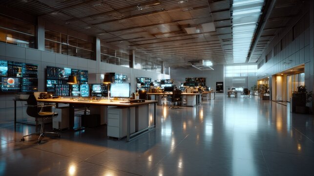 Modern Control Room Hub: A contemporary, high-tech control room with multiple screens displaying data and surveillance feeds, central workstations.