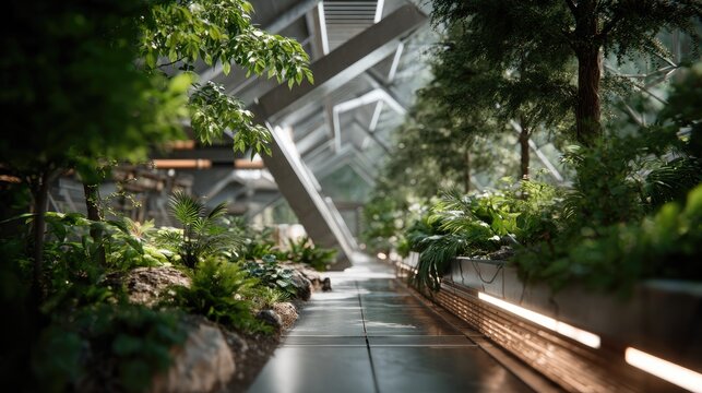 Futuristic Greenhouse with Lush Vegetation: An innovative architectural design blends modern, sleek lines with abundant natural greenery.