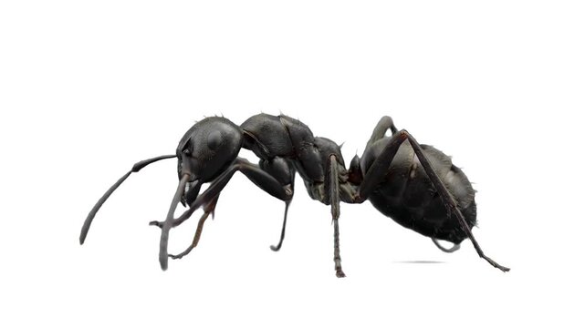 A detailed 3D render of a black ant standing motionless while grooming its front legs and head on a solid white background. Designed for clean commercial layouts, educational videos, and scientific pr