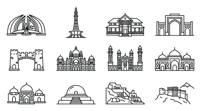 14th August Pakistan Independence Day historical landmarks vector set, Pakistani Minar e Pakistan Badshahi Mosque Lahore Fort Faisal Mosque line art icons for patriotic heritage design