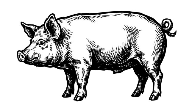 Pig Woodcut Style Illustration