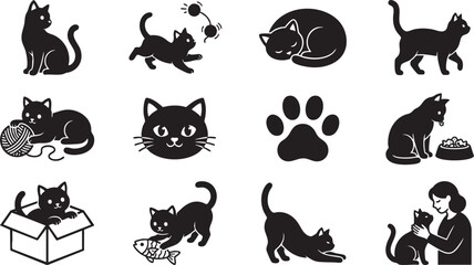 Obraz premium Set of black cat silhouettes and icons in various poses