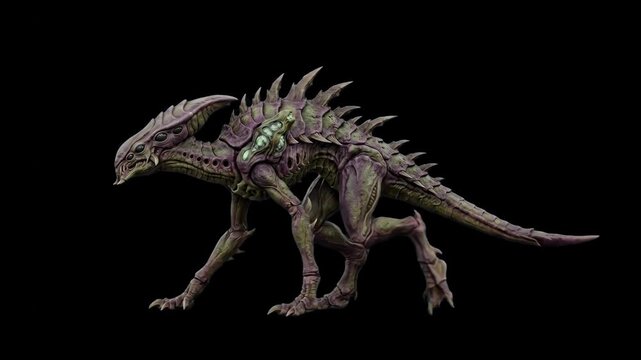 A terrifying 3D alien predator creature with spiky scales standing isolated against a sleek black backdrop with dramatic studio lighting. Excellent for horror game assets, sci-fi movie promos, monster