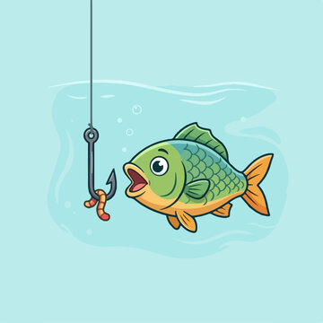 Underwater Fish Approaching a Fishing Hook