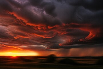 Fototapeta premium Heavy storm clouds at dusk with rust-red edges over a blurred landscape.