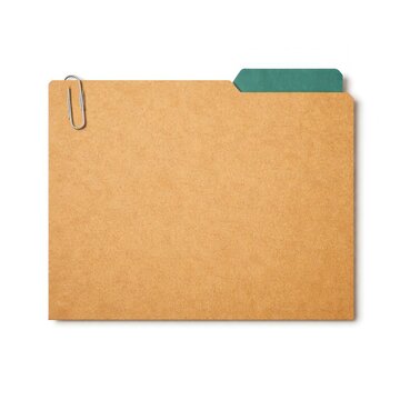 Brown file folder with a green tab and a paperclip attached.