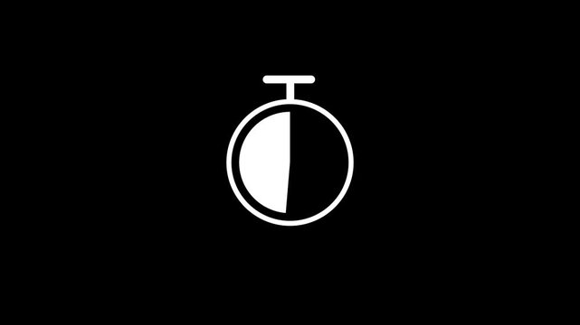 Minimalist White Stopwatch Timer Icon Animation on Black Background for 4K Video Editing, Countdown Graphics, and Time Management Concepts