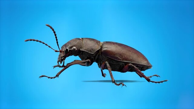 A 3D rendered brown stag beetle with large mandibles is stationary on a blue screen background, raising a foreleg to rub its face and antennae. This sequence is intended for seamless digital compositi
